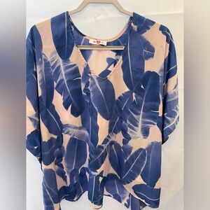 Buddy Love Blue Tropical Leaf Tunic Blouse Flowy Boho Resort Top Small